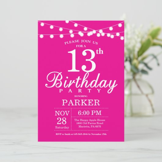 13e anniversaire Invitation rose chaud (Debout devant)
