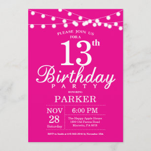 13e anniversaire Invitation rose chaud