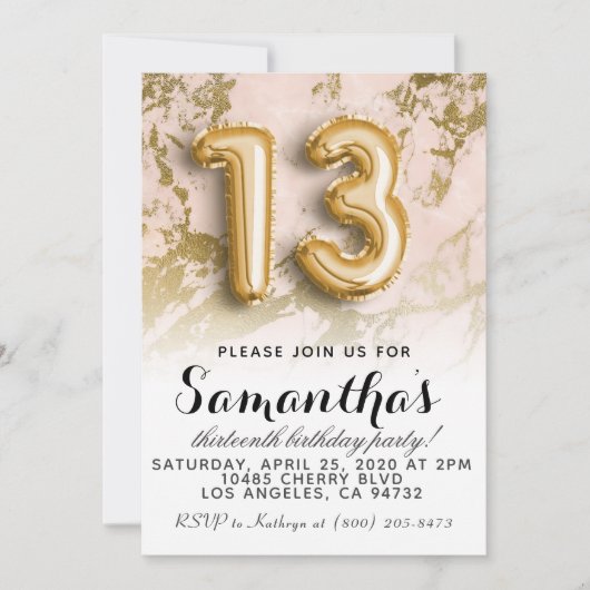13e anniversaire Marble Gold Invitation (Devant)