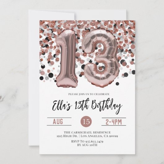 13e anniversaire Rose Gold Confetti Invitation (Devant)
