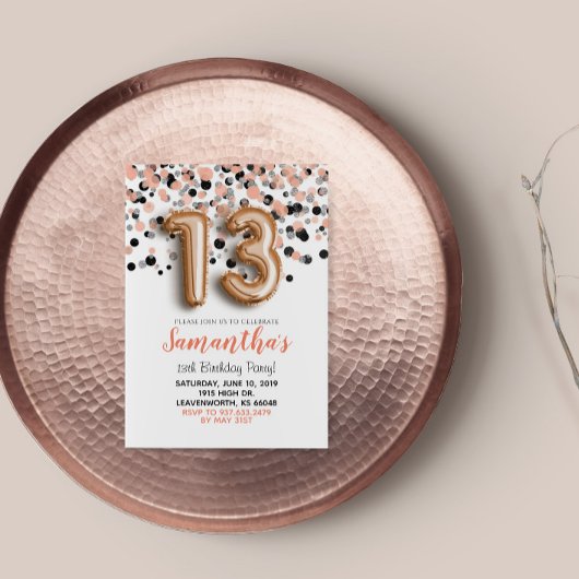 13e anniversaire Rose Gold Confetti Invitation