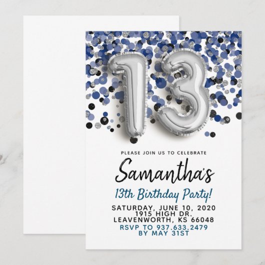 13e anniversaire Silver Confetti Invitation (Devant / Derrière)