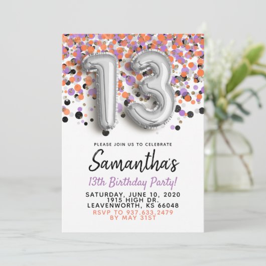 13e anniversaire Silver Confetti Invitation (Debout devant)
