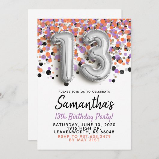 13e anniversaire Silver Confetti Invitation (Devant / Derrière)