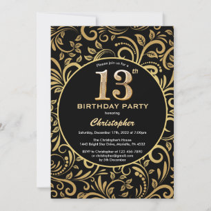 13e Birthday Black en Gold Floral Pattern Kaart