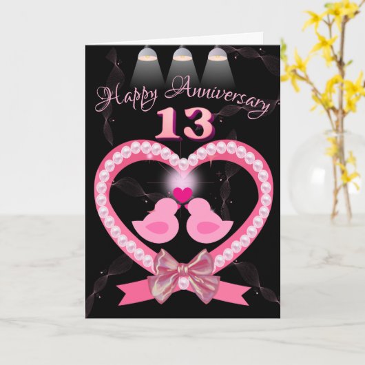 13e bruiloft Jubileum Roze Hart Tortelduifjes Kaart (Gele Bloem)