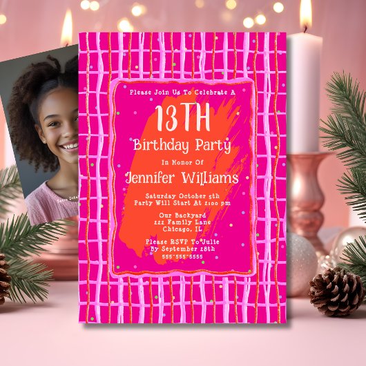 13e Digitale Hot Pink Verjaardag Uitnodiging Whims