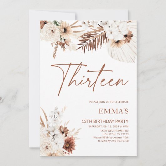 13E Invitation Anniversaire Boho Pampas (Devant)