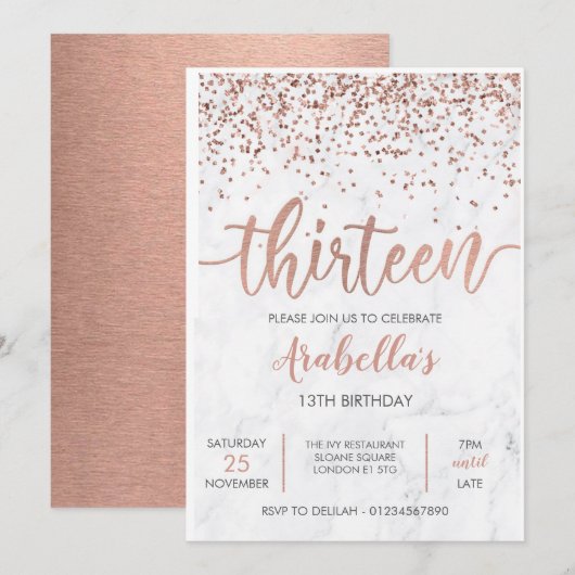13e, invitation rose gold et rose en marbre (Devant / Derrière)