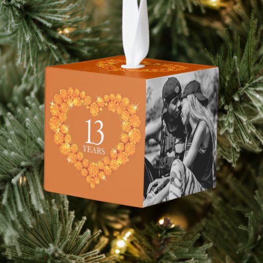 13e trouwdag hart twee foto citrine kubus ornament (Boom)