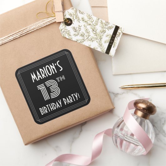 13e verjaardag: Art Deco Style en aangepaste naam Vierkante Sticker (Geschenken)