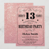 13e Verjaardag Black en Pink Rose Gold Glitter Kaart (Voorkant / Achterkant)