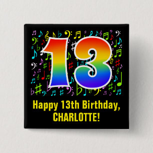 13e verjaardag: Colorful Music Symbols, Rainbow 13 Vierkante Button 5,1 Cm