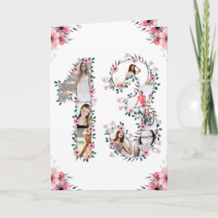 13e verjaardag Foto Collage Girl Pink Flower White Kaart