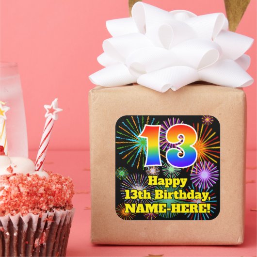 13e verjaardag: Fun Fireworks Kijk, regenboog # 13 Vierkante Sticker (Feest)