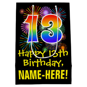 13e verjaardag: Fun Fireworks Pattern + Rainbow 13 Medium Cadeauzakje