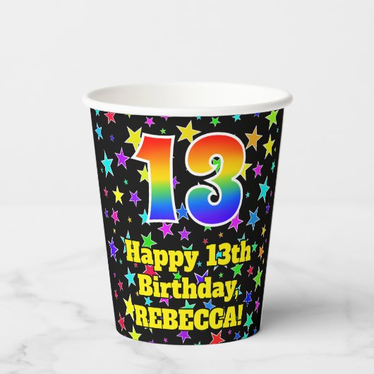 13e verjaardag: Fun Stars Pattern en Rainbow 13 Papieren Bekers (Achterkant)