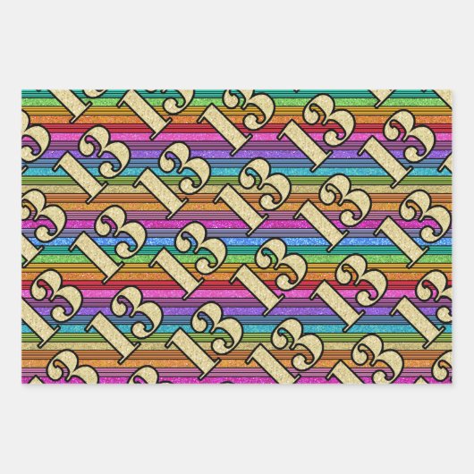13e Verjaardag Gouden Getallen Regenboog Streep Gl Inpakpapier Vel (Voorkant 3)