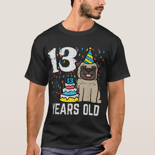 13e Verjaardag Hond Pug Cake 13 Jaar Old Bday Boys T-shirt (Voorkant)