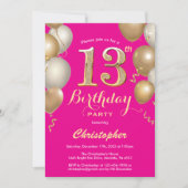13e verjaardag Hot Pink en Gold Balloons Confetti Kaart (Voorkant)