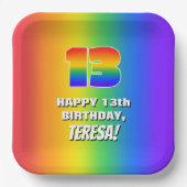 13e verjaardag: kleurrijk, vun regenboogpatroon # papieren bordje (Voorkant)