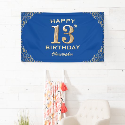 13e verjaardag Lijst Blauw en Glitter Glitter Spandoek (Insitu)
