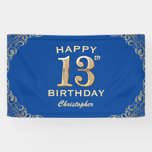 13e verjaardag Lijst Blauw en Glitter Glitter Spandoek (Horizontaal)