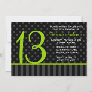13e Verjaardag Lime Green Black Polka Dot Stripes Kaart