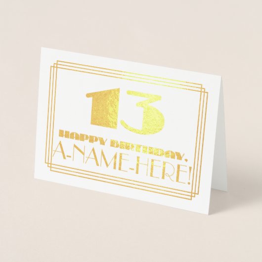 13e verjaardag; naam + Art Deco geïnspireerd look Folie Kaarten (Voorkant)