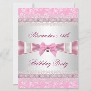 13e verjaardag Pink White Floral Damask Kaart
