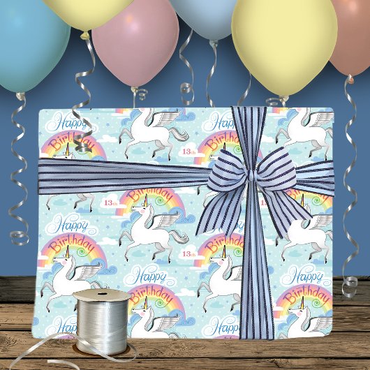 13e verjaardag regenboogstrik Unicorn Blue Clouds Inpakpapier Vel