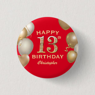 13e verjaardag Rode en goudballonnen van de Rode e Ronde Button 3,2 Cm