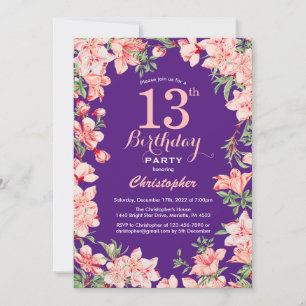 13e verjaardag Roze bloemen Paars Violet Kaart