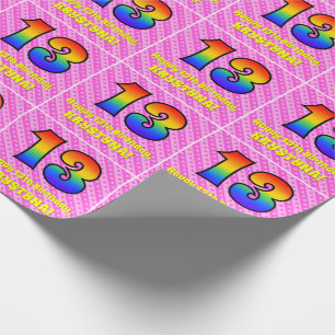 13e verjaardag: Roze strips en harten, regenboognr Cadeaupapier