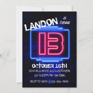 13E VERJAARDAG, TEEN PARTY, NEON, GLOW FEESTJE KAART