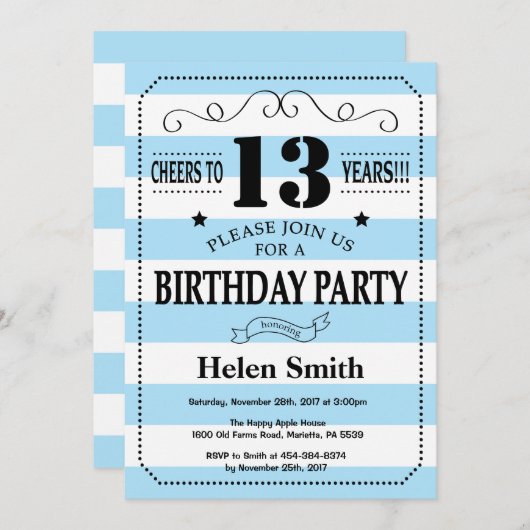 13e verjaardag uitnodiging blauw en witte strepen (Voorkant / Achterkant)