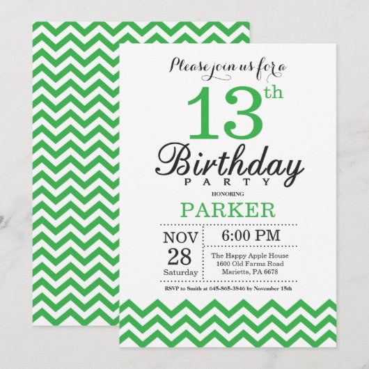 13e verjaardag Uitnodiging Groene Chevron (Voorkant / Achterkant)