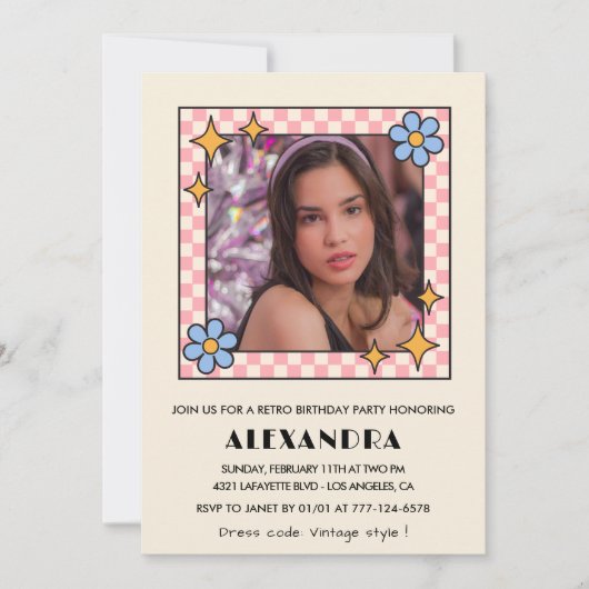 13e verjaardag uitnodiging Retro Groovy Blue Flora (Voorkant)