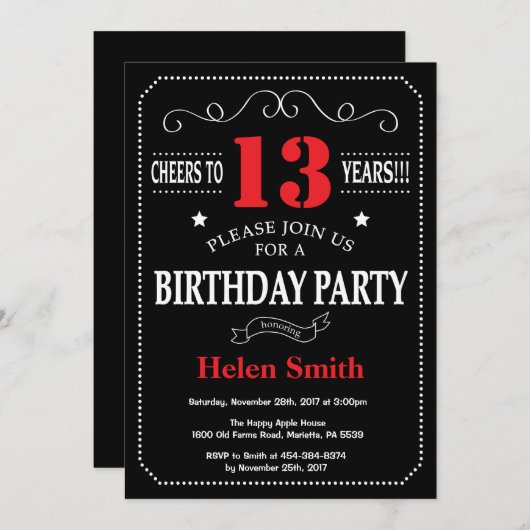 13e verjaardag Uitnodiging rood en zwart karton (Voorkant / Achterkant)