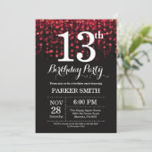 13e verjaardag Uitnodiging rood glitter (Staand voorkant)