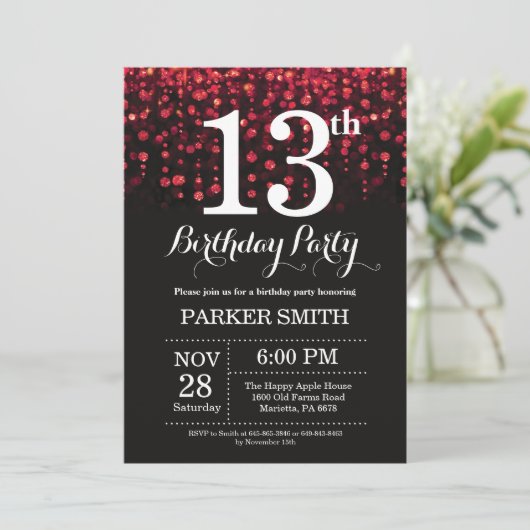13e verjaardag Uitnodiging rood glitter (Staand voorkant)