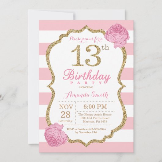 13e verjaardag Uitnodiging roze en goudbloemen (Voorkant)