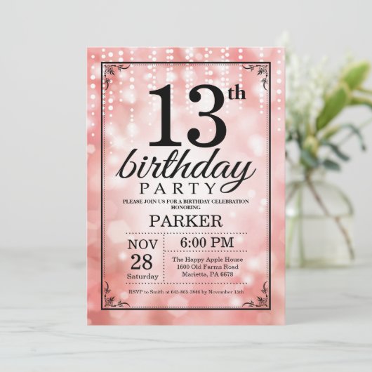 13e verjaardag uitnodiging roze glitter (Staand voorkant)