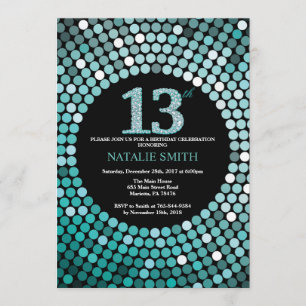 13e verjaardag Uitnodiging zwart en Blauwgroen Gli