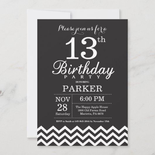 13e verjaardag uitnodiging zwart-wit Chevron (Voorkant)
