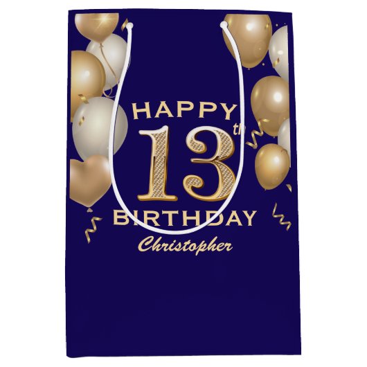 13e verjaardag van de marineblauw en goudballonnen medium cadeauzakje (Voorkant)