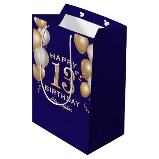 13e verjaardag van de marineblauw en goudballonnen medium cadeauzakje (Achterkant Gekanteld)