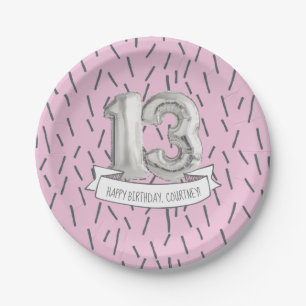 13e verjaardag van het roze en grijze ballonmeisje papieren bordje
