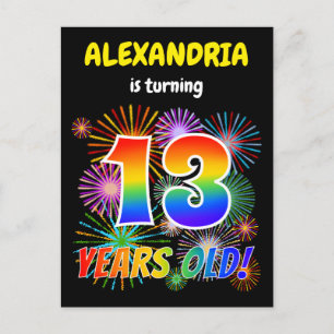 13e verjaardag - vuurwerk, regenboogblik "13" briefkaart