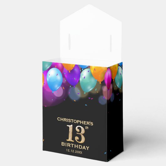 13e verjaardag Zwarte en gouden ballonnen Bedankdoosjes (Geopend)